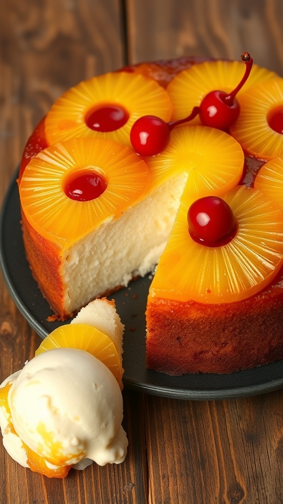 Pineapple upside down cake with caramelized pineapple and cherries, served with a scoop of vanilla ice cream.